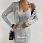 Damen figurbetontes Rippkleid mit kurzem Cardigan R&B