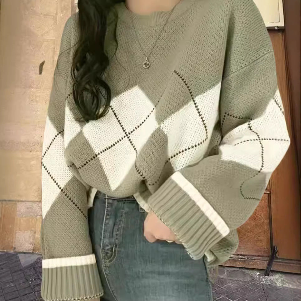 Damen Grobstrickpullover mit modernen Rautenmustern und weitem Schnitt R&B
