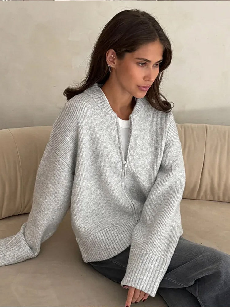 Damen lässige Strickjacke mit hohem Kragen und Reißverschluss R&B