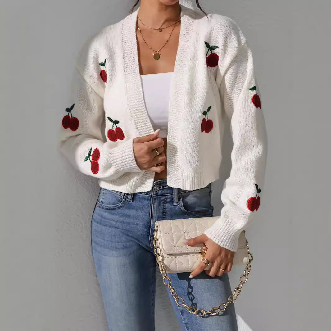 Damen Kurze Strickjacke mit fruchtiger Stickerei R&B