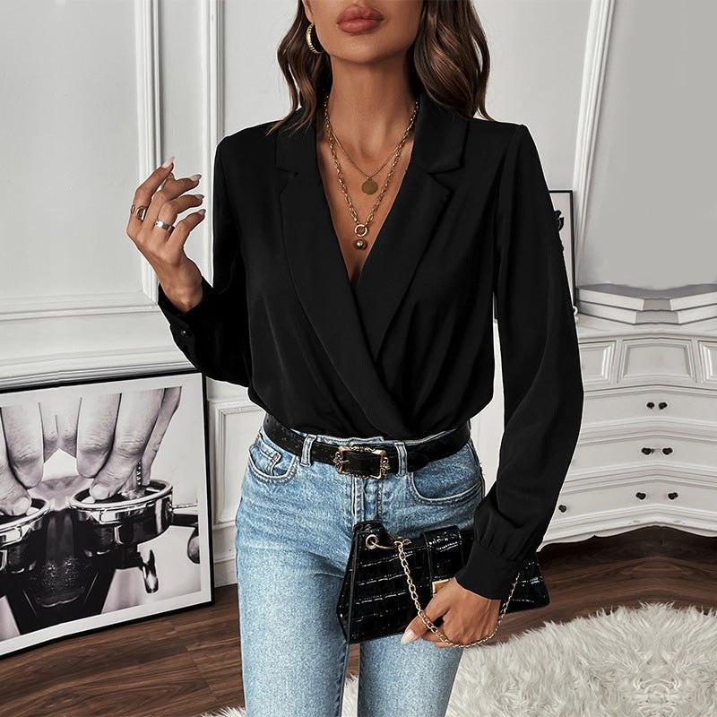 Damen Bluse mit modernem Wickeldesign und eleganten Puffärmeln R&B