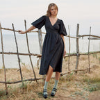 Damen Lässiges Leinenkleid mit Ballonärmeln und Tailliertem Gürtel R&B