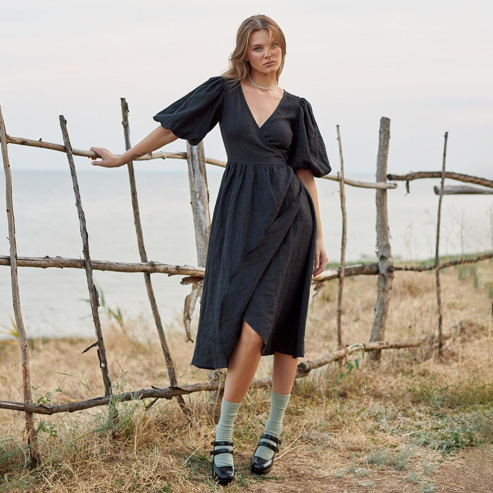 Damen Lässiges Leinenkleid mit Ballonärmeln und Tailliertem Gürtel R&B