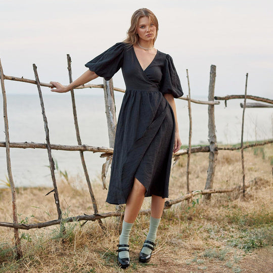 Damen Lässiges Leinenkleid mit Ballonärmeln und Tailliertem Gürtel R&B