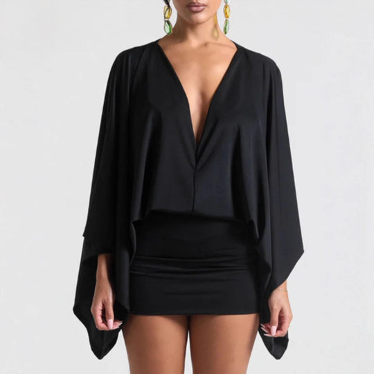 Damen nan Cape-Minikleid mit tiefem V-Ausschnitt, Fledermausärmeln und tailliertem Minirock R&B