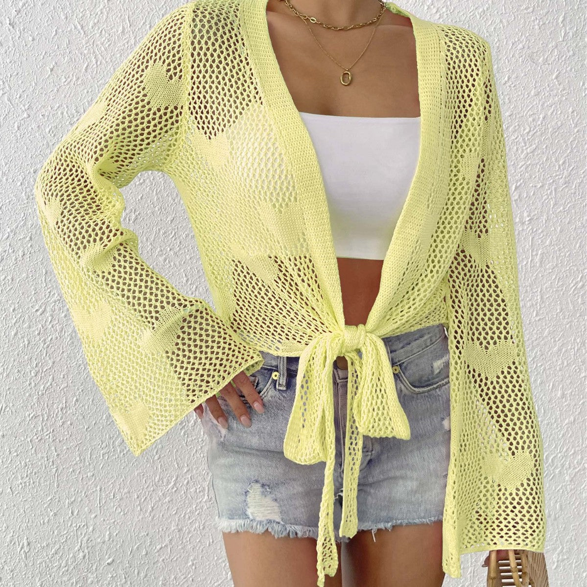 Damen luftiger Strick-Kimono mit offener Front und Kordelzug R&B