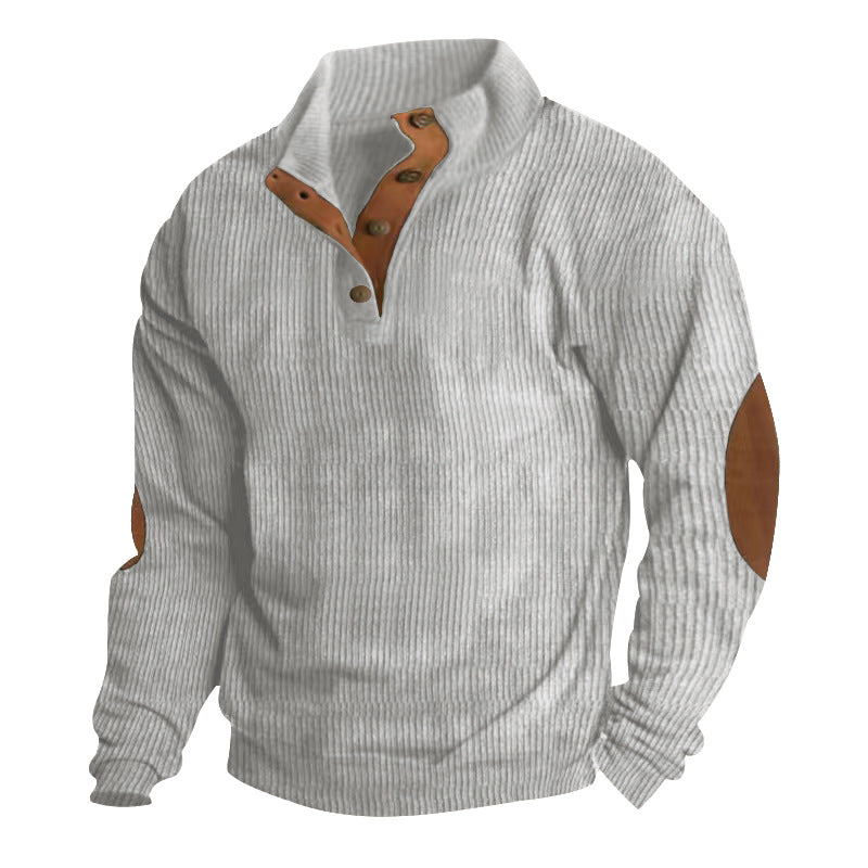 Herren nan gerippter Baumwollmix-Pullover mit Stehkragen, Knopfleiste und Lederoptik-Ellenbogenpatches R&B
