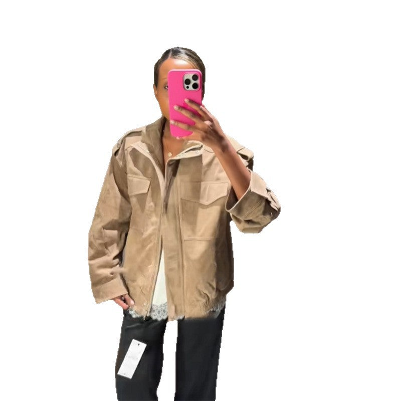 Damen Lässige Wildlederjacke mit praktischen Taschen und modernem Schnitt R&B
