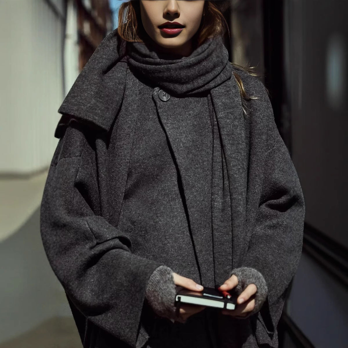 Damen asymmetrische Jacke mit modernem Kragen und geschwungenem Schnitt R&B