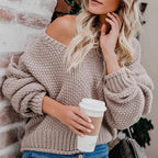 Damen lässiger Strickpullover mit V-Ausschnitt und weitem Schnitt R&B