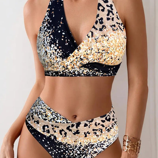 Damen Bikini-Set mit hoch taillierter Hose und asymmetrischem Oberteil R&B