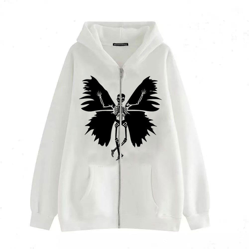 Damen Zip-Hoodie mit einzigartigem Skelett- und Schmetterlingsmotiv