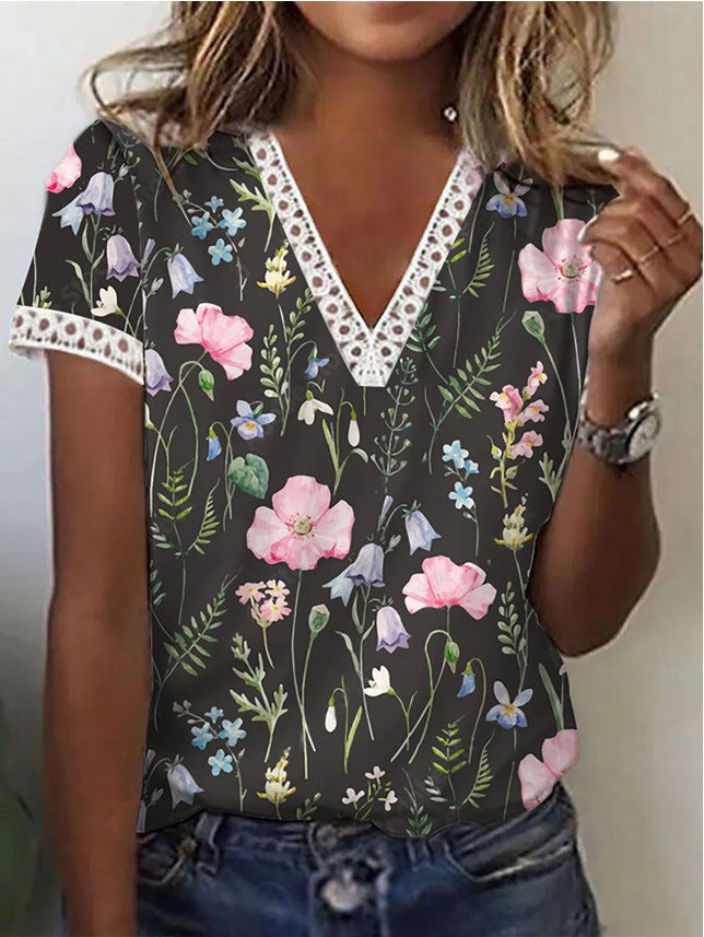 R&B | Elegantes T-Shirt mit Kurzen Ärmeln und V-Ausschnitt Print für Damen