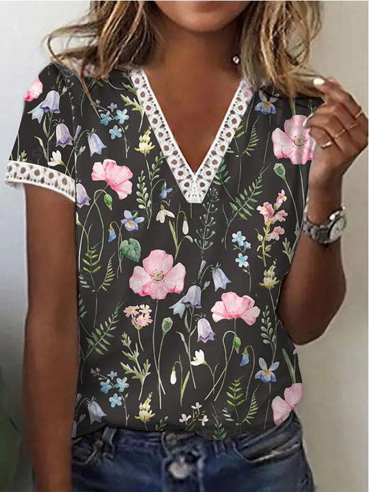 R&B | Elegantes T-Shirt mit Kurzen Ärmeln und V-Ausschnitt Print für Damen