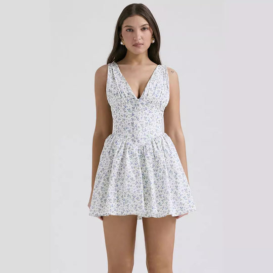 Damen Sommerliches Minikleid mit V-Ausschnitt und fließendem Rock R&B