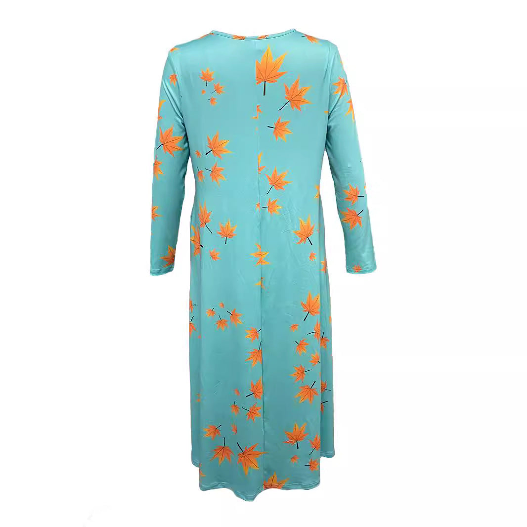 Damen Maxikleid mit V-Ausschnitt und herbstlichem Blattdesign R&B