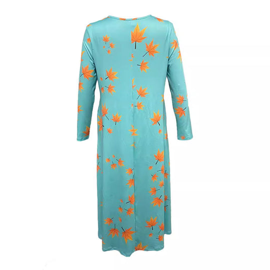 Damen Maxikleid mit V-Ausschnitt und herbstlichem Blattdesign R&B