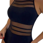 Damen Einteiler Badeanzug mit transparenten Mesh-Einsätzen R&B