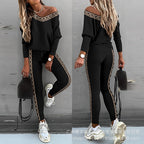 Damen Freizeit Set mit glitzerndem Motiv und offenem Schulterdesign R&B