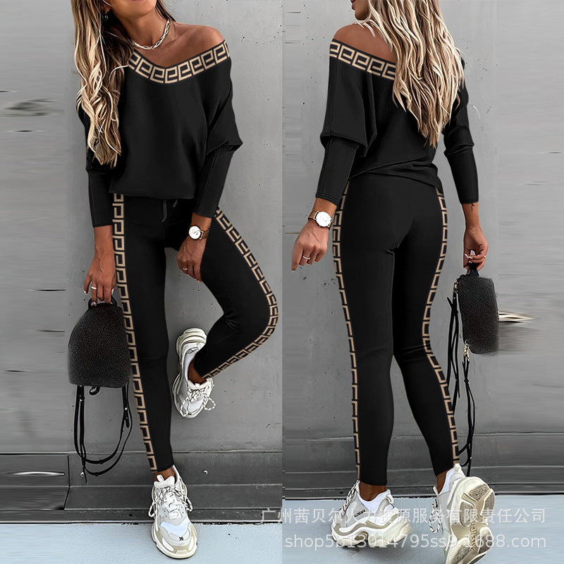 Damen Freizeit Set mit glitzerndem Motiv und offenem Schulterdesign R&B