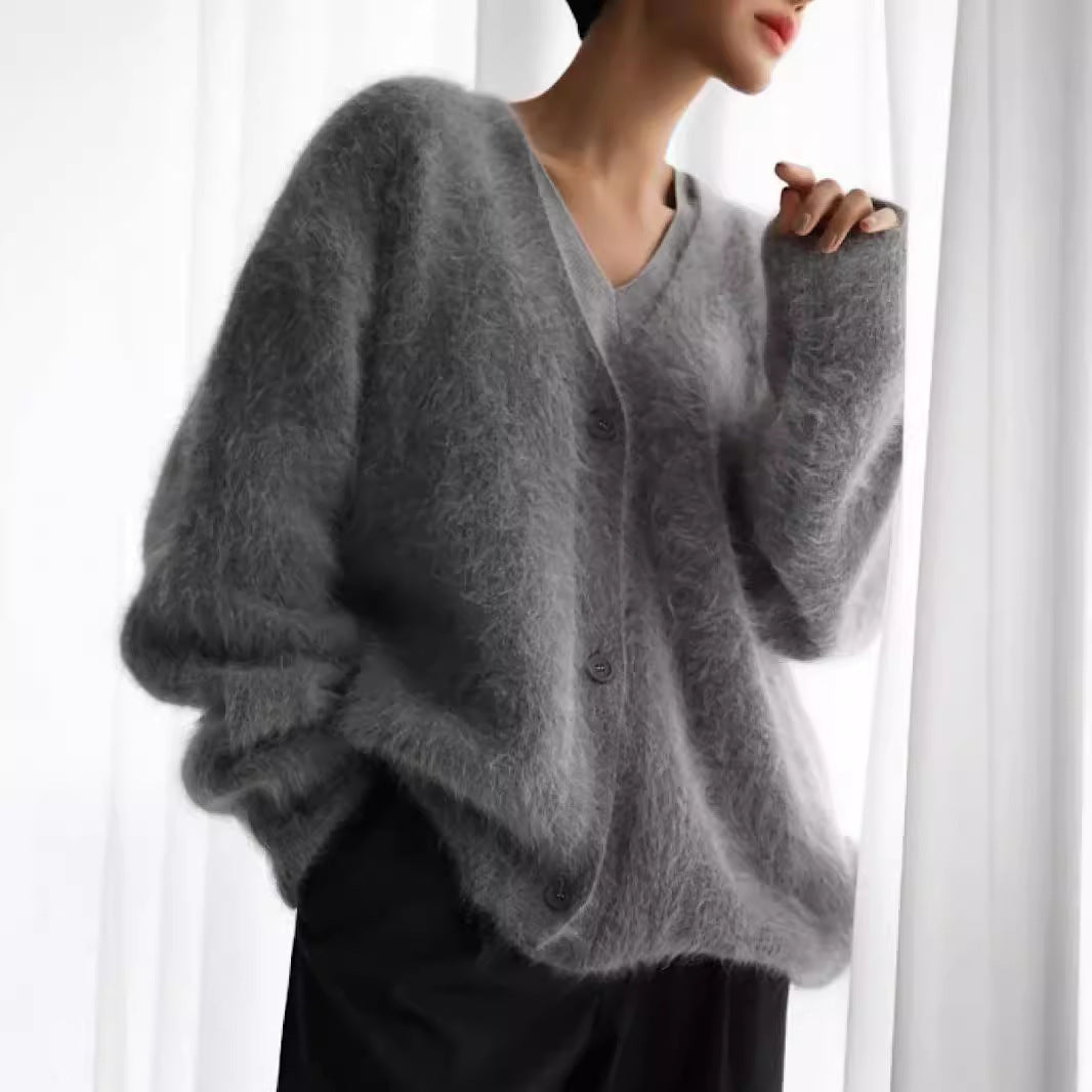 Damen gemütlicher Strickcardigan mit weichem Flauschmaterial und modischem Knopfdetail R&B