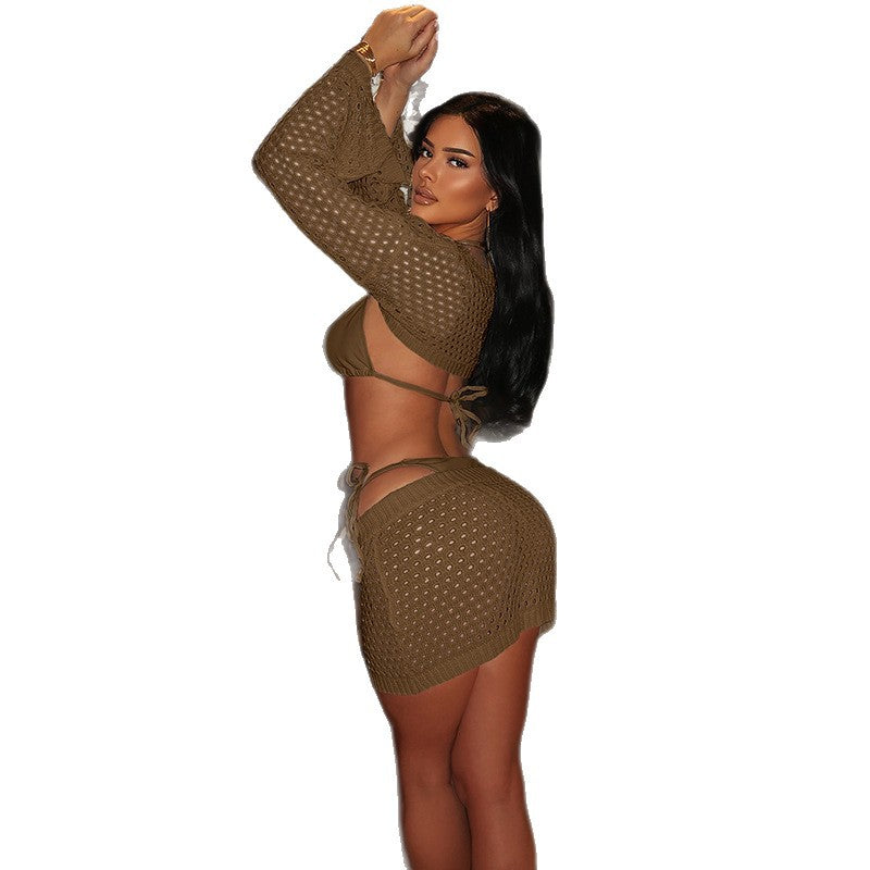 Damen Häkel-Badeanzug mit elegantem Cropped-Oberteil und kurzer Strickjacke R&B
