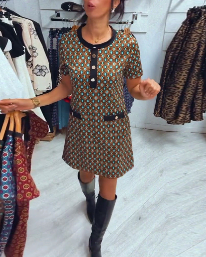 Damen nan Retro-A-Linien-Minikleid mit geometrischem Muster, Kontrastblende und Zier-Taschendetail R&B