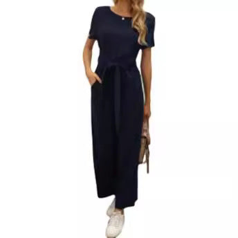 Damen Jumpsuit mit Bindegürtel und weitem Bein R&B