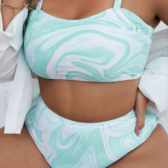 Damen Hochgeschnittenes Bikini-Set mit modernem Marmor-Design R&B