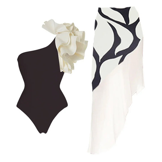 Damen Einseitiger Design Badeanzug mit voluminösen Rüschenelementen R&B