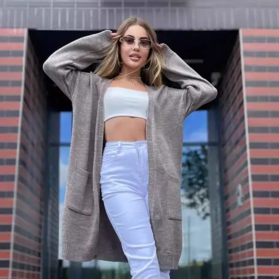Damen gemütliche Strickjacke mit praktischen Taschen und offenem Schnitt R&B