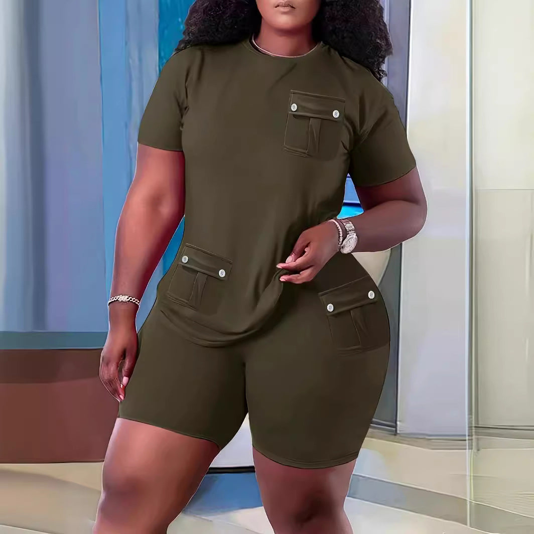 Damen Sportliches Kurzarm-Set mit praktischen Taschen R&B