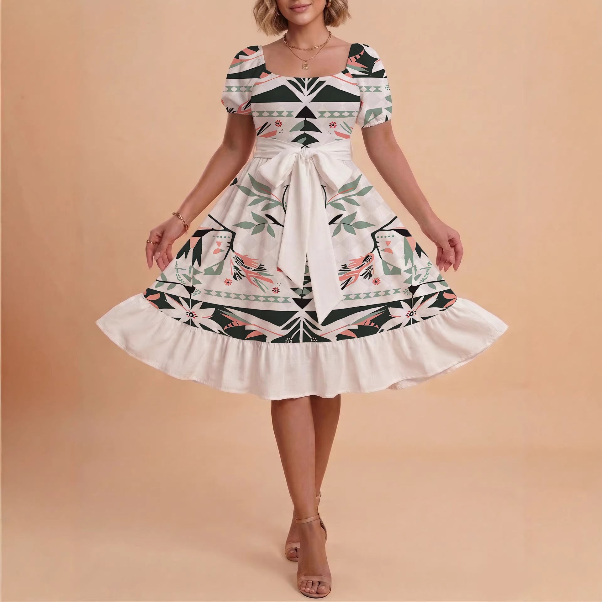 Damen schickes Glitzerkleid mit tailliertem Schnitt und Rüschensaum EB