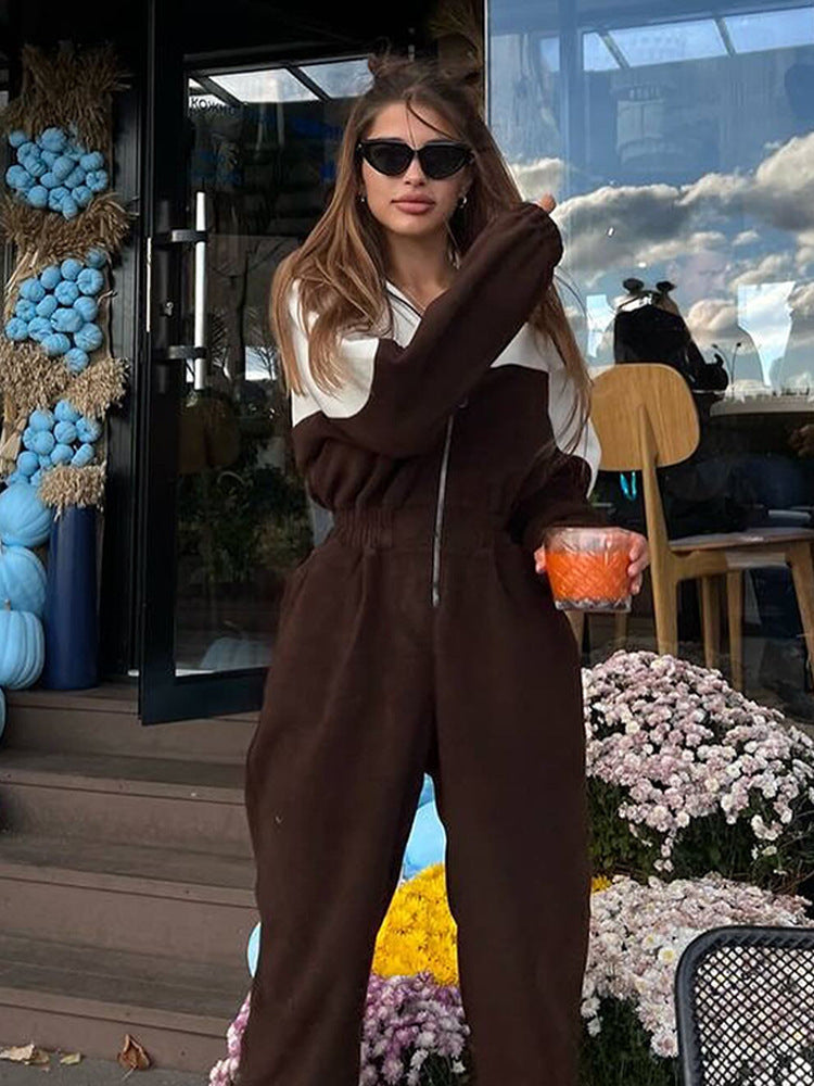 Damen Sportliche Fleecejacke und Hose Set mit Kontrastbesätzen R&B