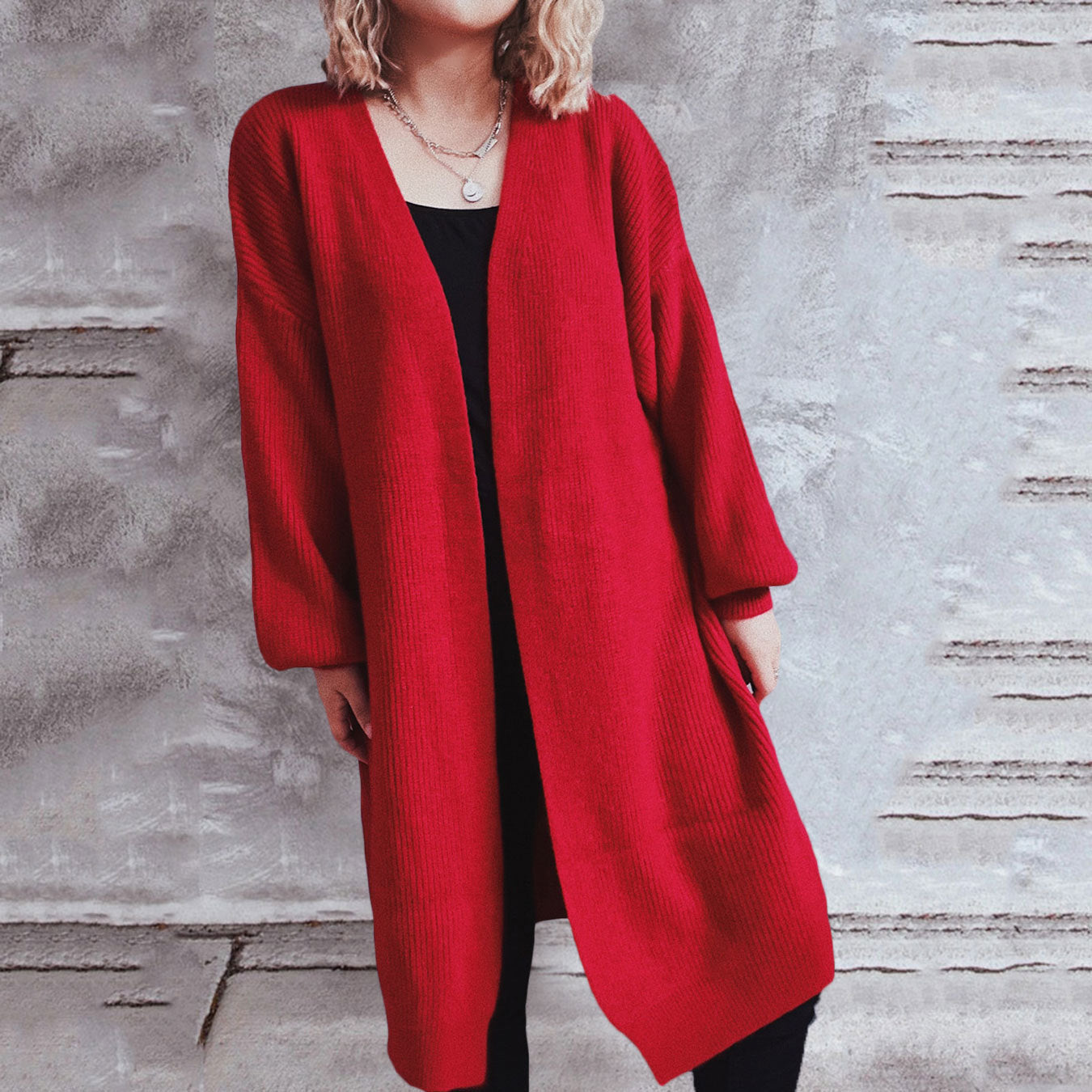 Damen lässiger Strickcardigan mit lässigen Oversize-Ärmeln und offenem Schnitt R&B