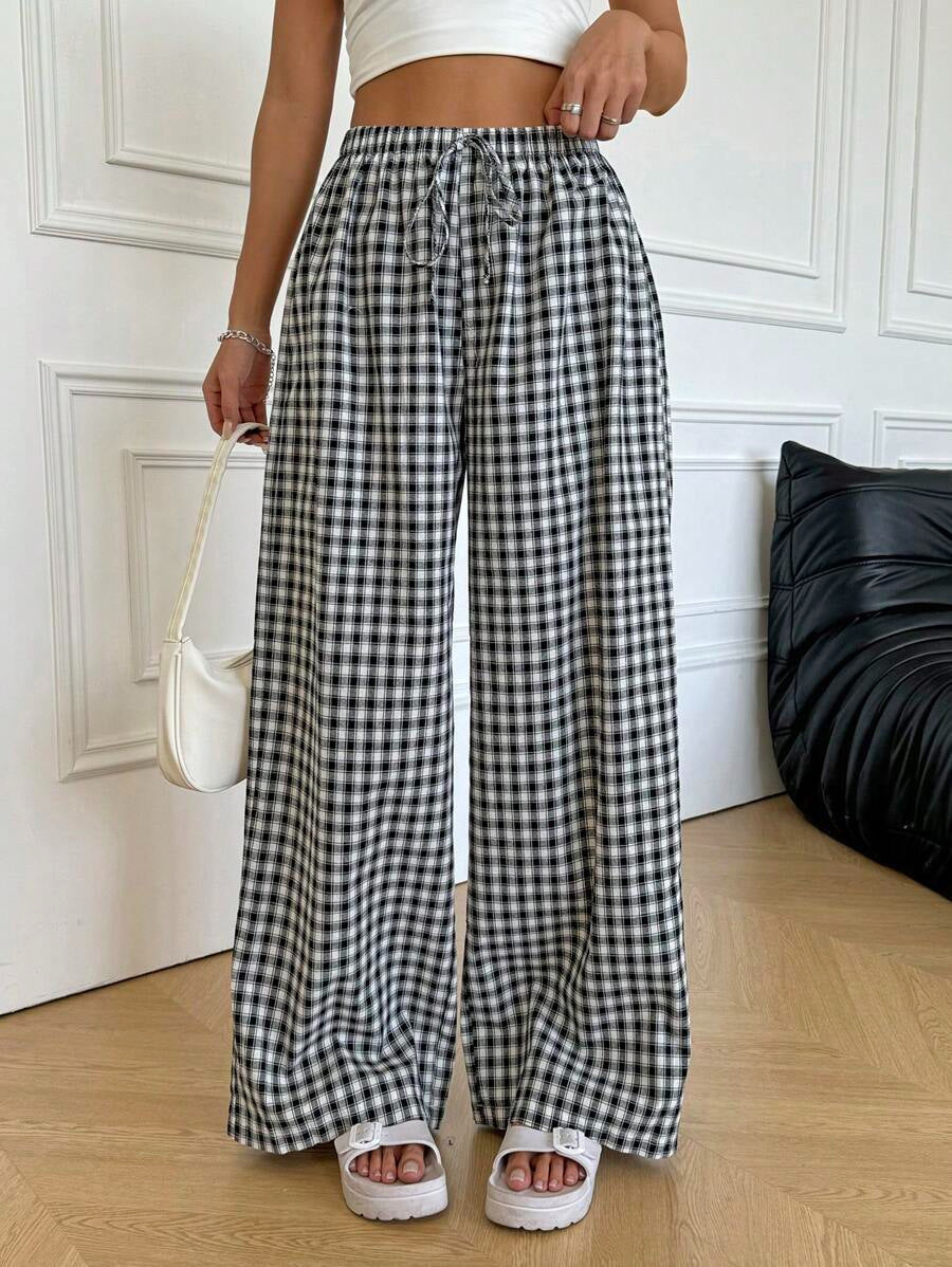 Damen weite Vichy-Hose mit elastischem Bund und Kordelzug R&B