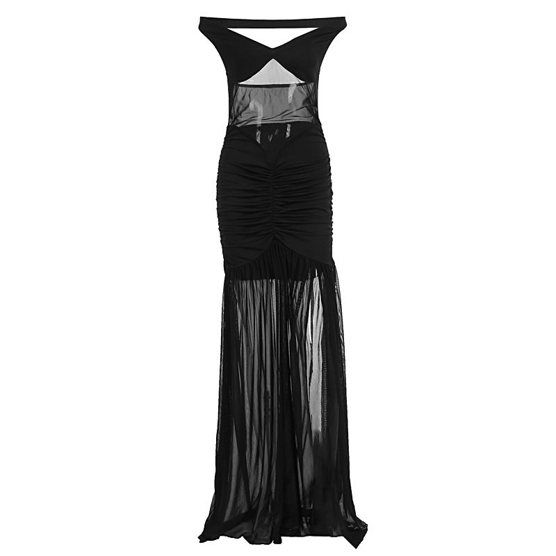Damen elegantes Maxikleid mit transparenten Einsätzen und figurbetontem Schnitt R&B