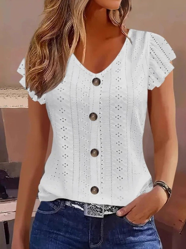 Damen luftige Bluse mit filigranem Lochmuster und Knopfdetails R&B