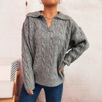 Damen Grobstrickpullover mit farbenfrohem Zopfdesign und klassischem Kragen R&B