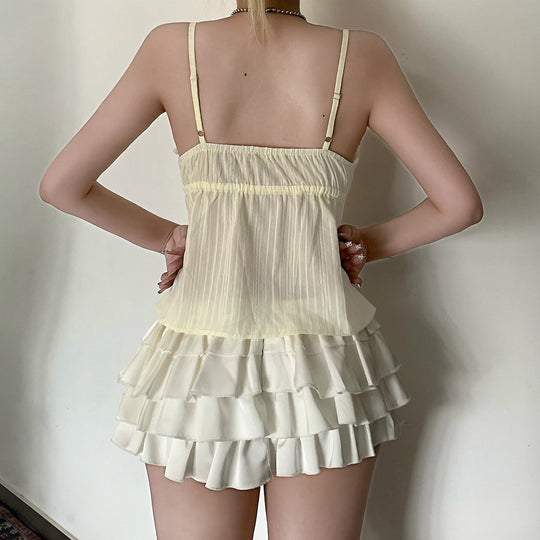 Damen leichtes Spaghetti-Trägertop mit verspieltem Rüschendesign und verstellbarem Bund R&B