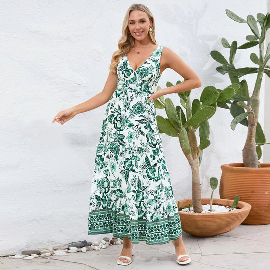 Damen Maxikleid mit floralem Design und tiefem V-Ausschnitt R&B