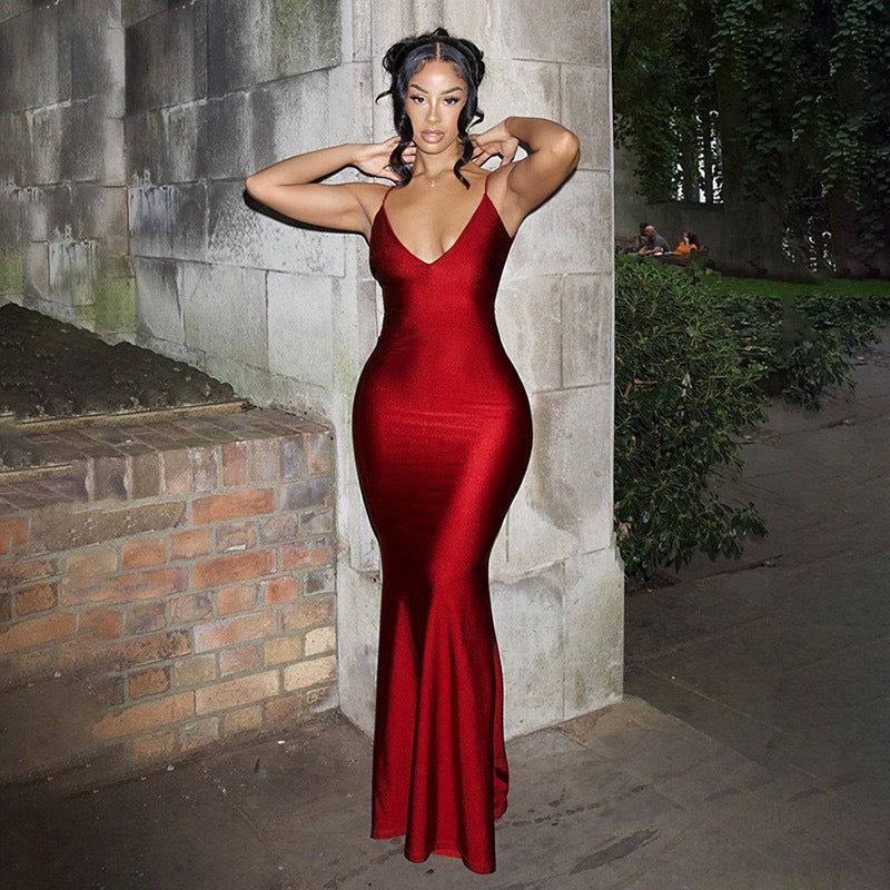 Damen Elegantes figurbetontes Abendkleid mit tiefem V-Ausschnitt und feierlichem Glanz R&B