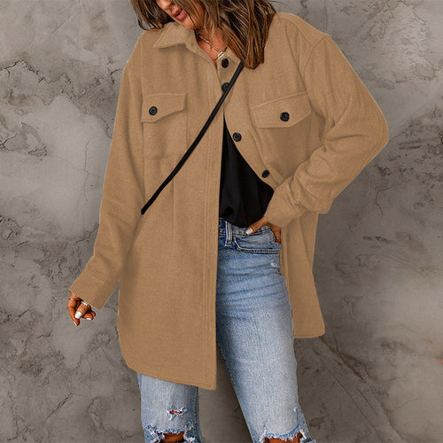 Damen vielseitige Oversize-Hemdjacke mit aufgesetzten Taschen und Knopfverschluss R&B