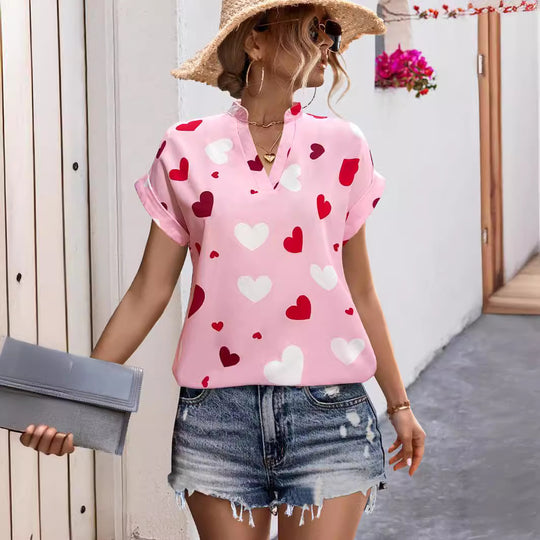 Damen luftiges Blusenshirt mit herzförmigem Print und lockerer Passform R&B