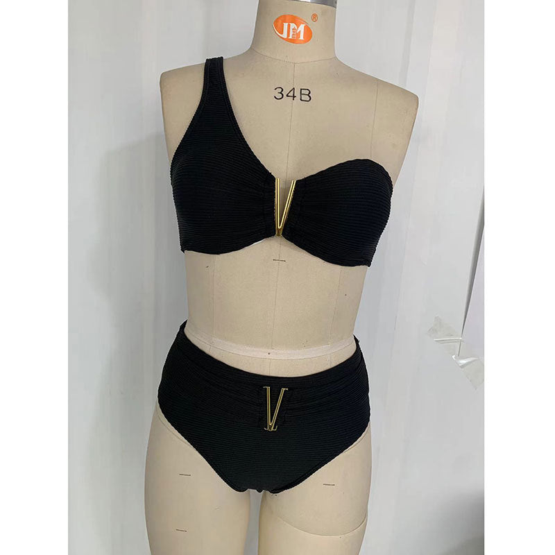 Damen Hoch geschnittenes Bikiniset mit asymmetrischem Oberteil und goldenen Akzenten R&B