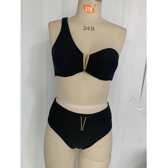 Damen Hoch geschnittenes Bikiniset mit asymmetrischem Oberteil und goldenen Akzenten R&B