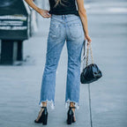 Damen High-Waist Mom-Jeans mit modischen Rissen und fransigem Saum R&B