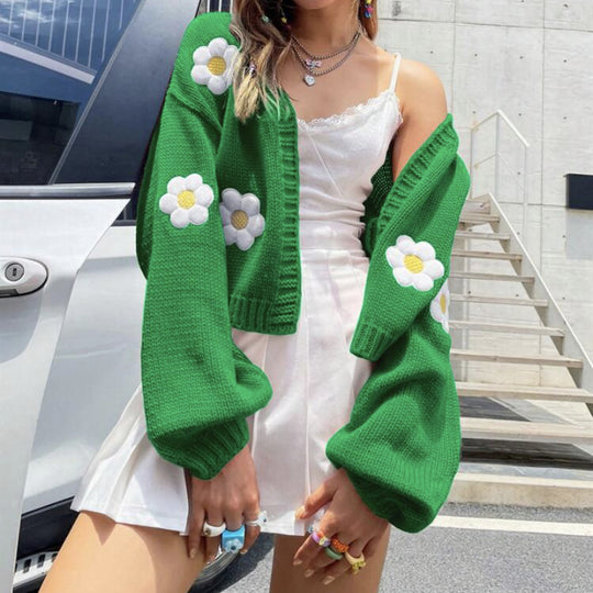 Damen Kurzstrickcardigan mit verspieltem Blumenmuster R&B