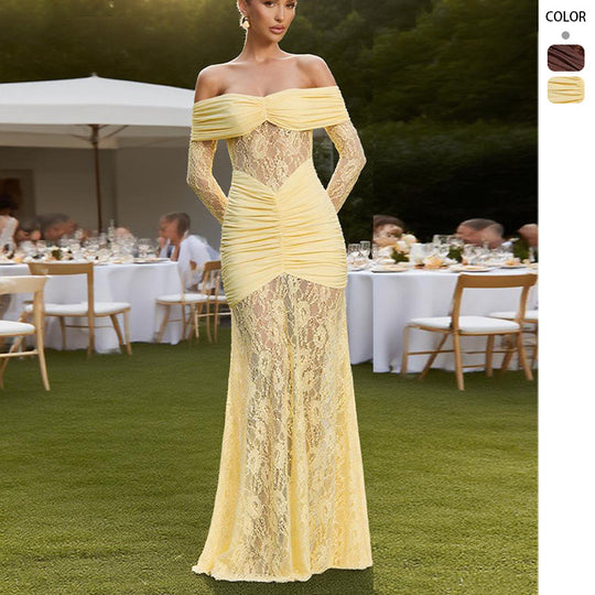 Damen Elegantes Spitzen Abendkleid mit schulterfreier Silhouette und raffinierten Rüschendetails R&B