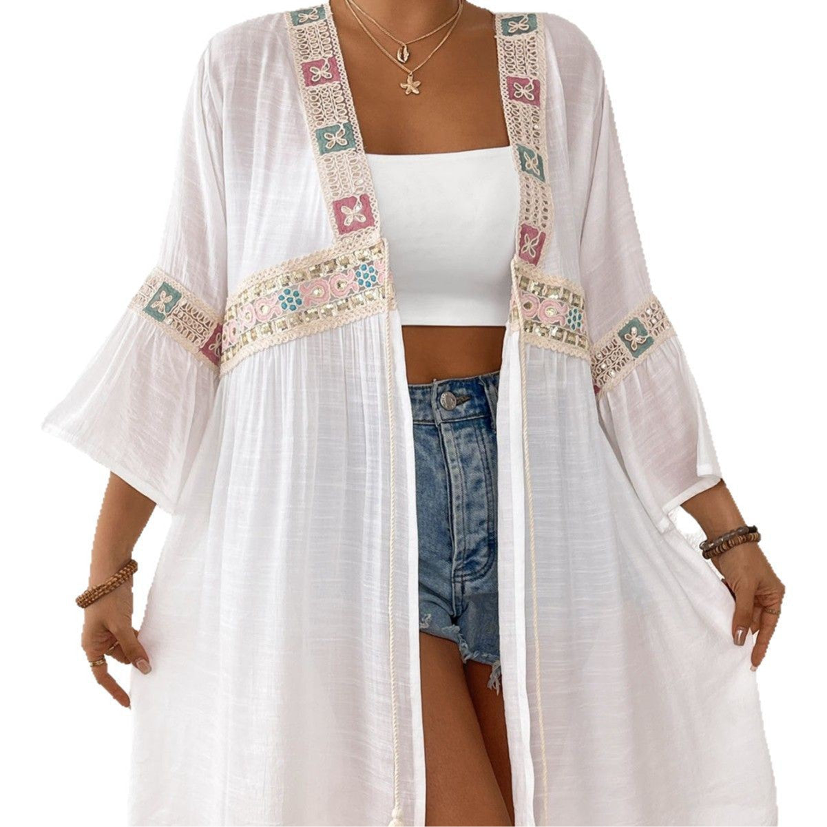 Damen luftiger Strandkimono mit floralen Stickereien R&B